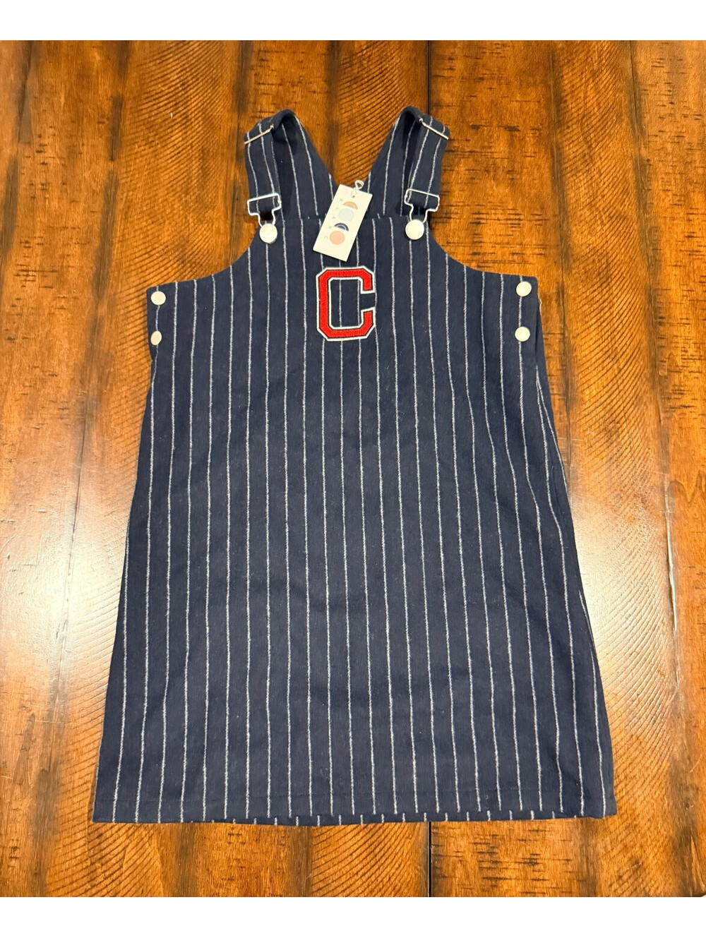 Coco Blanc Navy Pinstripe Jumper Overall Dress Varsity C NWT Girls Size 8
